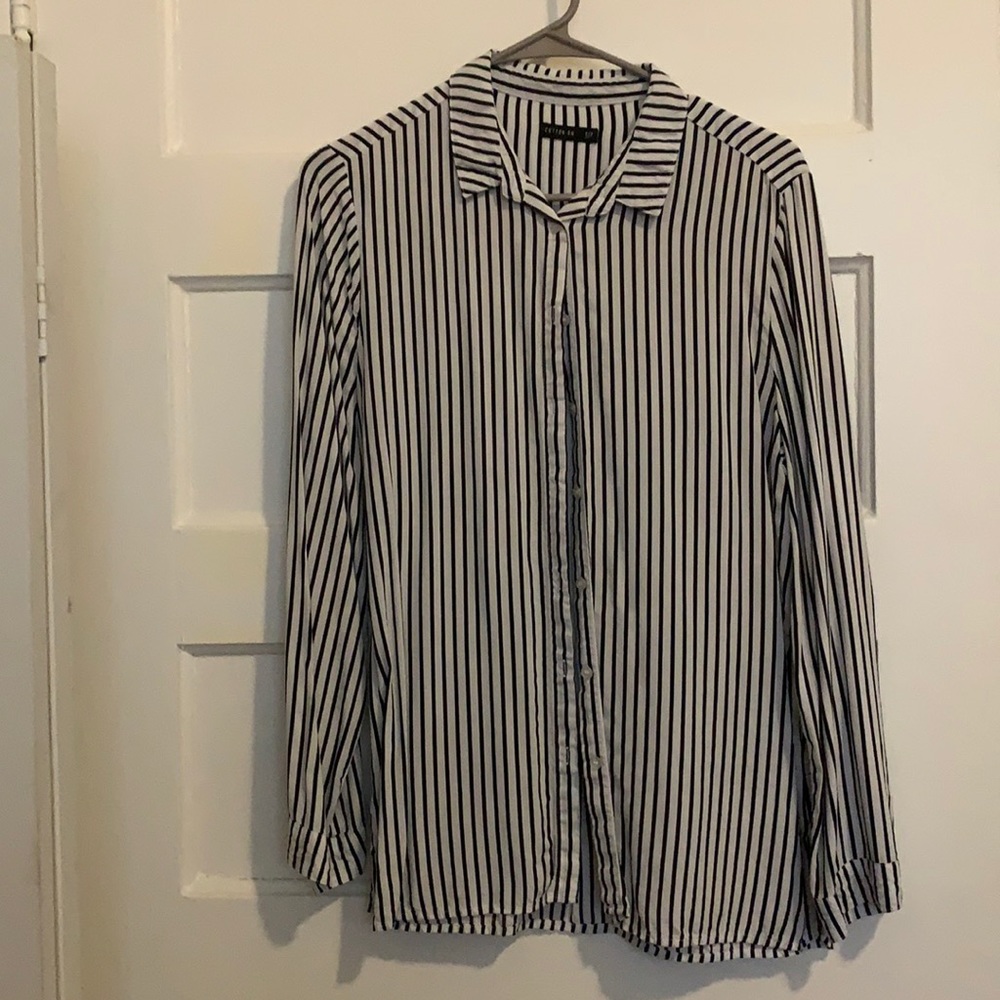 Black and white stripe button up blouse